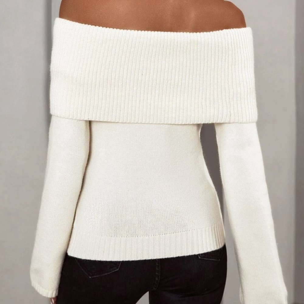 Beige Preppy Womens off shoulder long sleeves Sweater - Picture 2 of 5